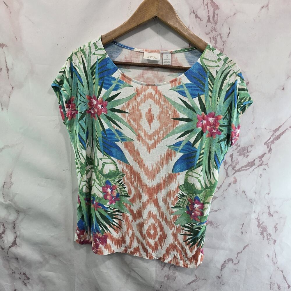 Chicos T Shirt Womens Small 0 Blue Peach Floral Tee Short Sleeve Ikat